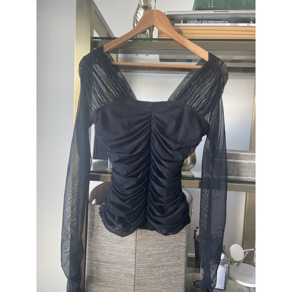 $295 A.L.C. Womens Black V-Neck Mesh Long Sheer Sleeve Blouse Top Size Small - Picture 7 of 8